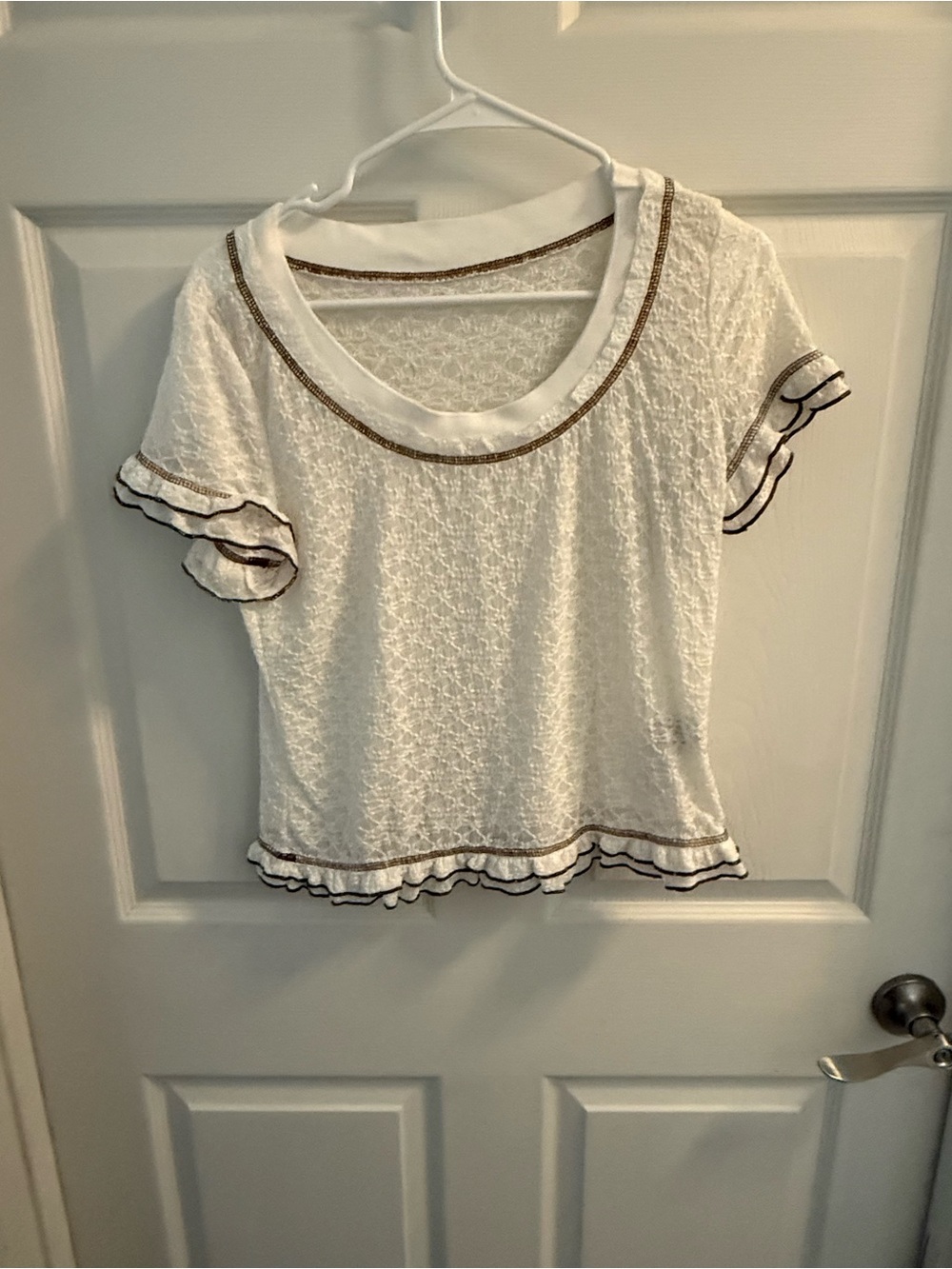 White Ruffle Short-Sleeve Lace Top with Metallic Trim